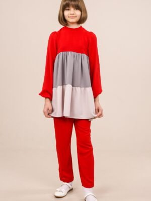 Young Girl's Two-Pieces Set Tunic in Three Different Colors and Pants for Spring Summer - Red | فساتين بنات