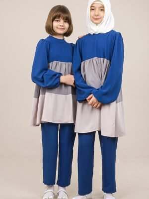 Young Girl's Two-Pieces Set Tunic in Three Different Colors and Pants for Spring Summer - Blue| فساتين بنات