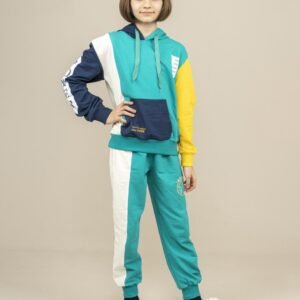 Unisex 2Pcs Hooded Girls Tracksuit Petrol Green فساتین بنات