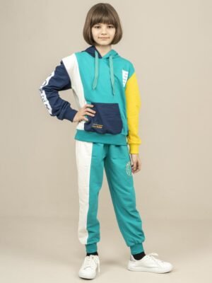 Unisex 2Pcs Hooded Girls Tracksuit Petrol Green فساتین بنات