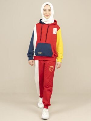 Unisex 2Pcs Set Hooded Girls Tracksuit - Red فساتین بنات