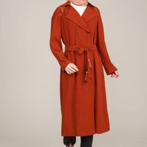 Embroidered Top Coat For Ladies with Belt - Tile