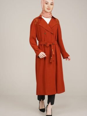 Embroidered Top Coat For Ladies with Belt - Tile