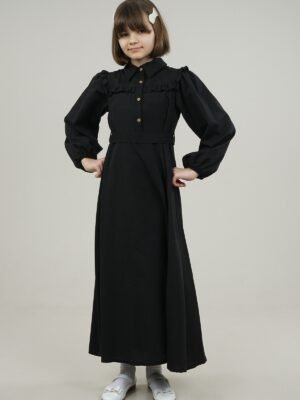 Young Girls Dress Long with Shirt Collar and Ruffle Detailed - Black | فساتین بنات