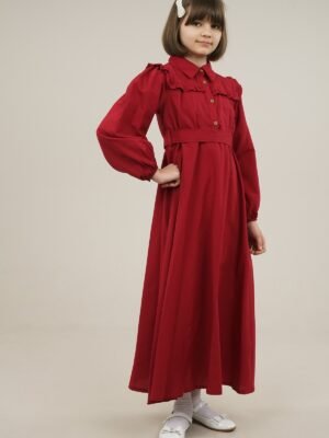 Young Girls Dress Long with Shirt Collar and Ruffle Detailed - Burgundy | فساتین بنات
