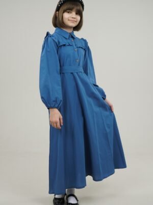Young Girls Dress Long with Shirt Collar and Ruffle Detailed - Indigo | فساتین بنات