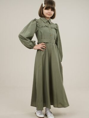 Young Girls Dress Long with Shirt Collar and Ruffle Detailed - Khaki | فساتین بنات
