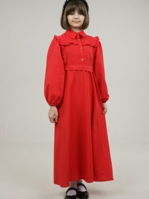 Young Girls Dress Long with Shirt Collar and Ruffle Detailed - Red | فساتین بنات