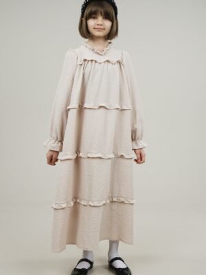 Young Girls Dress Wide Cut with Frilled Layers - Beige | فساتین بنات