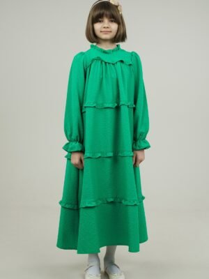 Young Girls Dress Wide Cut with Frilled Layers - Green | فساتین بنات