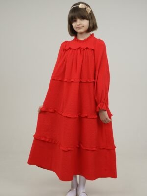 Young Girls Dress Wide Cut with Frilled Layers - Red | فساتین بنات