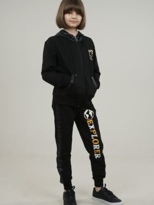 Young Girls Tracksuit Print Detailed 2Pcs Set Black فساتین بنات