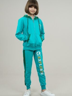 Young Girls Tracksuit Print Detailed 2Pcs Set Petrol Green فساتین بنات