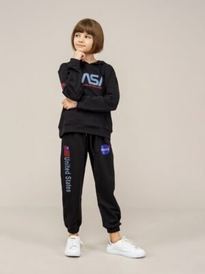Young Unisex 2PCs Hooded Girls Tracksuit Set Black فساتین بنات
