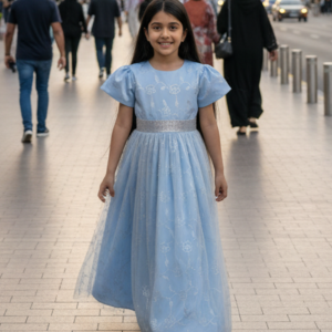 Girls Party Dress Blue With Metalic Tulle