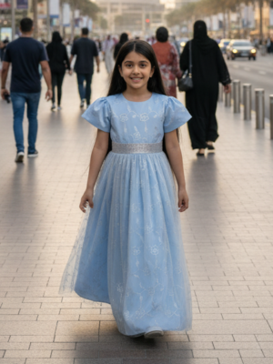 Girls Party Dress Blue With Metalic Tulle